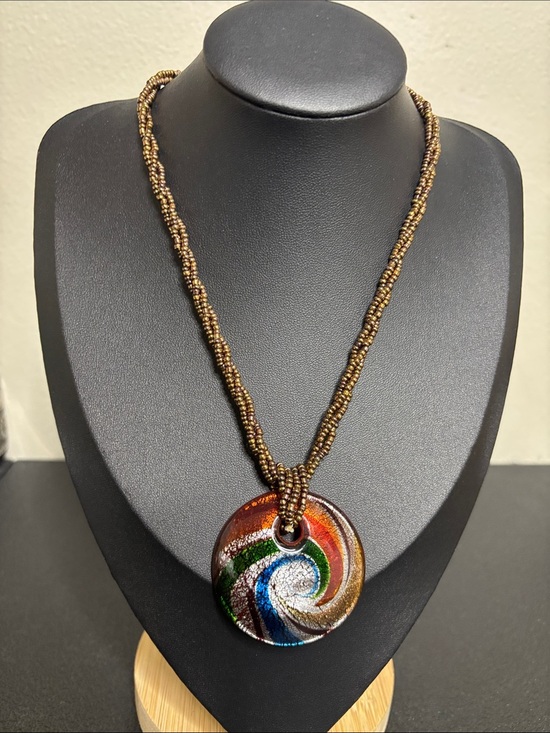Source Unknown Jewelry - Vintage Multicolor Swirl Dichroic Glass Pendant Necklace Brown Beaded Strand